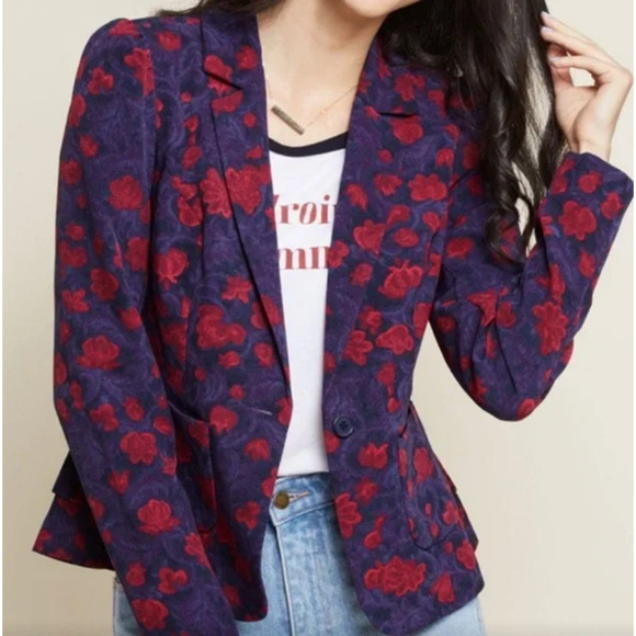 MODCLOTH Blazer Jacket Blue Red Floral Lined Brocade Office Preppy 90s - Picture 3 of 13